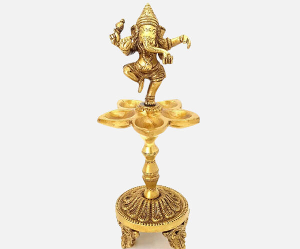 Brass Dancing Ganesha Over Ethnic Legs Five Oil Wick Diya (Golden)