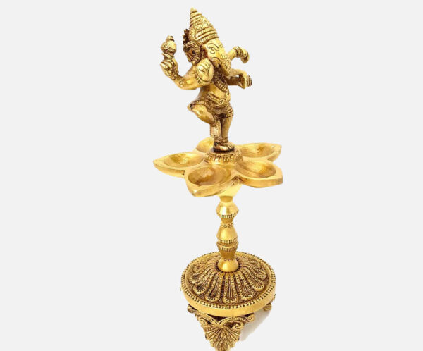 Brass Dancing Ganesha Over Ethnic Legs Five Oil Wick Diya (Golden)