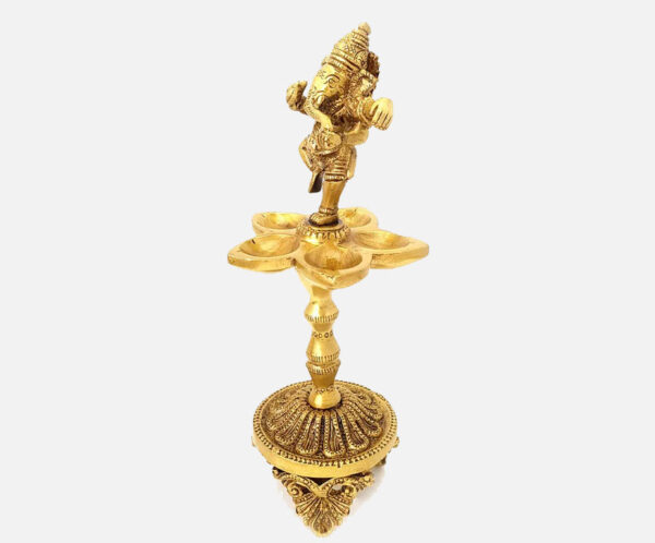 Brass Dancing Ganesha Over Ethnic Legs Five Oil Wick Diya (Golden)