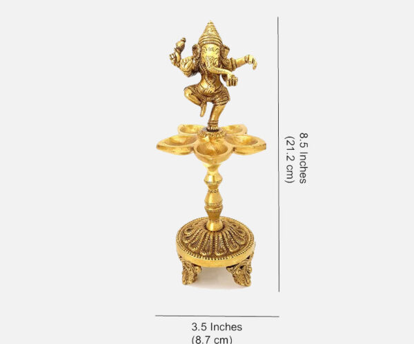 Brass Dancing Ganesha Over Ethnic Legs Five Oil Wick Diya (Golden)