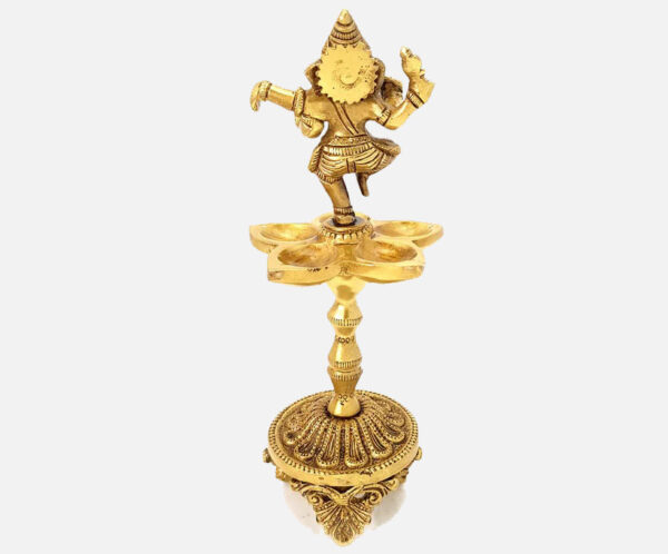 Brass Dancing Ganesha Over Ethnic Legs Five Oil Wick Diya (Golden)