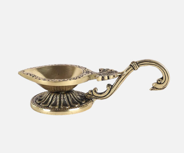 Brass Ethnic Handcarved Diya with Curved Handle