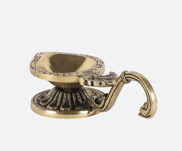 Brass Ethnic Handcarved Diya with Curved Handle