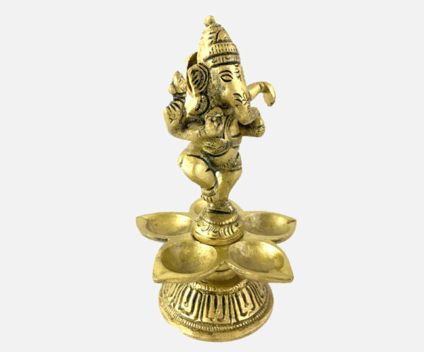 Brass Ganesha Design Five Oil Wick Diya