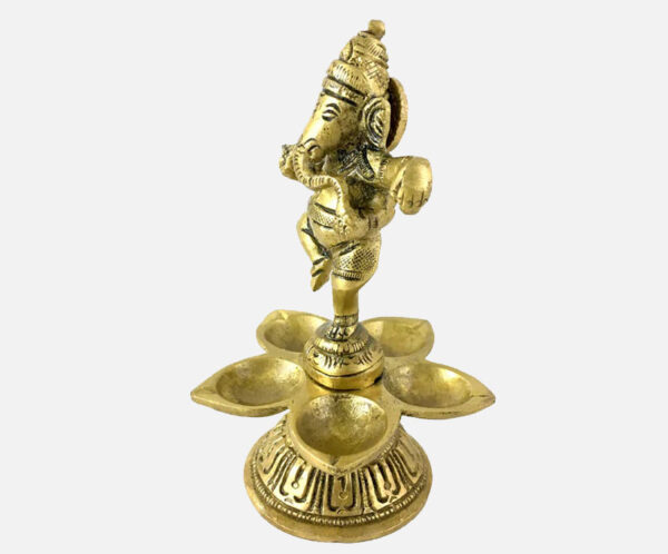 Brass Ganesha Design Five Oil Wick Diya