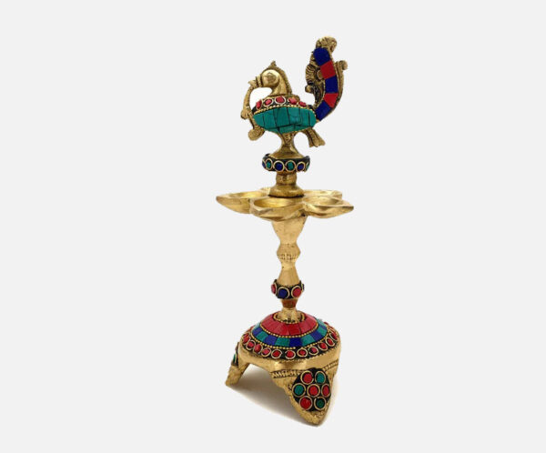 Gemstone Work Peacock Over Ethnic Carved Legs Five Oil Wick Brass Diya