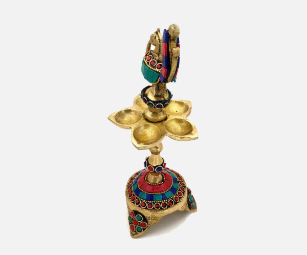 Gemstone Work Peacock Over Ethnic Carved Legs Five Oil Wick Brass Diya