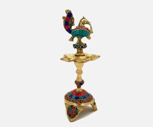 Gemstone Work Peacock Over Ethnic Carved Legs Five Oil Wick Brass Diya