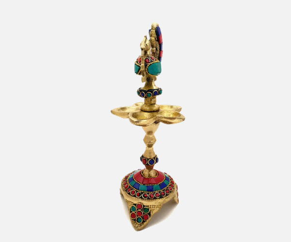 Gemstone Work Peacock Over Ethnic Carved Legs Five Oil Wick Brass Diya