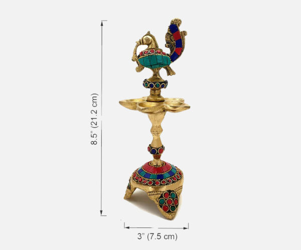 Gemstone Work Peacock Over Ethnic Carved Legs Five Oil Wick Brass Diya