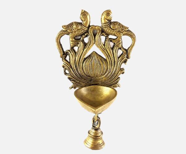 Brass Ethnic Twin Peacock Design Wall Hanging Diya with Bell