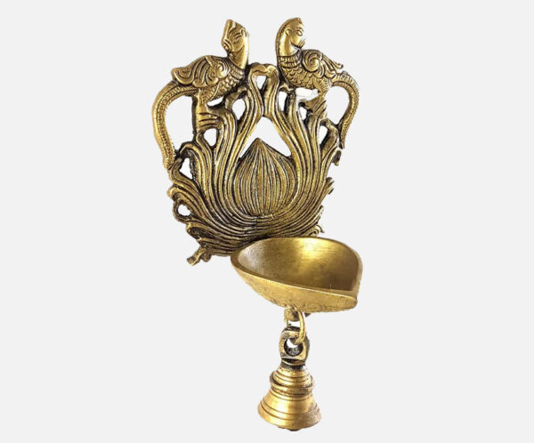 Brass Ethnic Twin Peacock Design Wall Hanging Diya with Bell