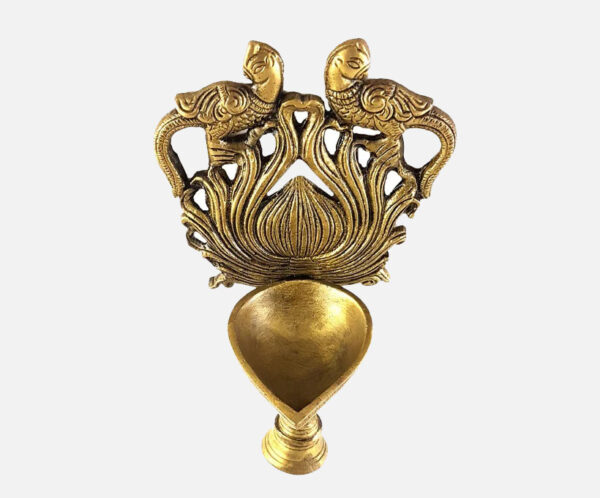 Brass Ethnic Twin Peacock Design Wall Hanging Diya with Bell
